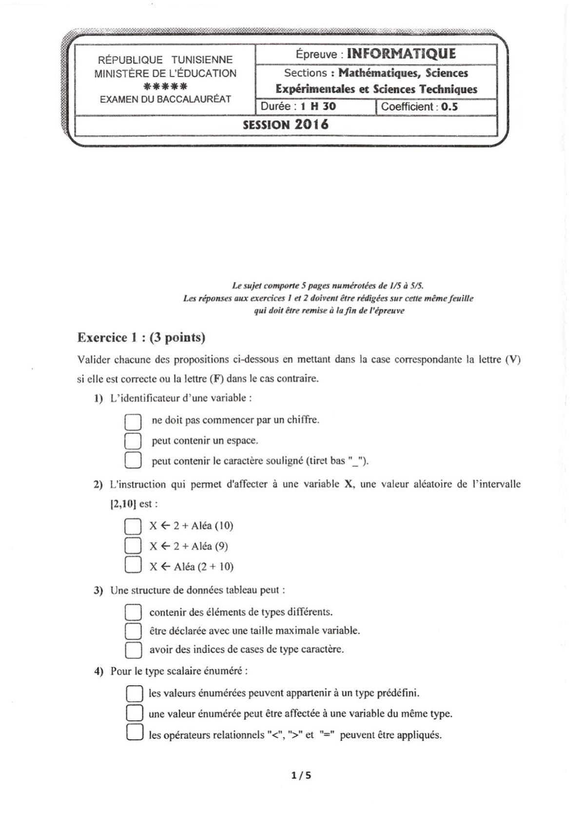 Informatique- Épreuves corrigées BAC sciences, Math et Techniques  (2009-2025)