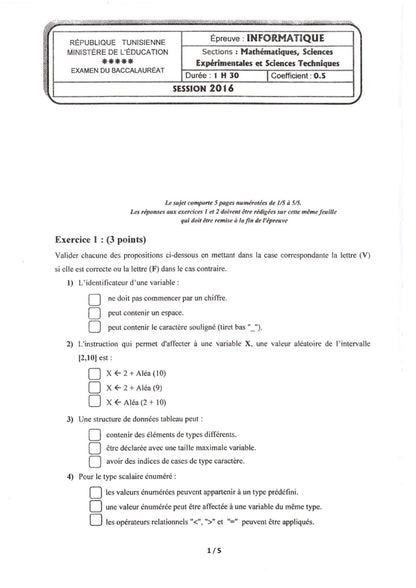 Informatique- Épreuves corrigées BAC sciences, Math et Techniques  (2009-2025)