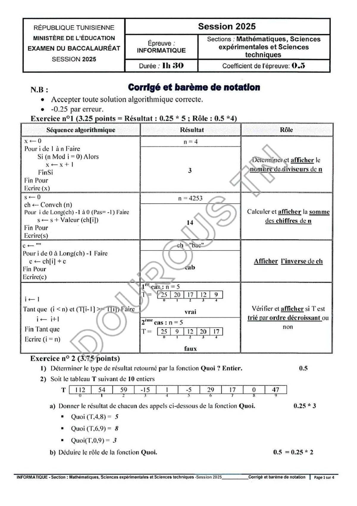 Informatique- Épreuves corrigées BAC sciences, Math et Techniques  (2009-2025)