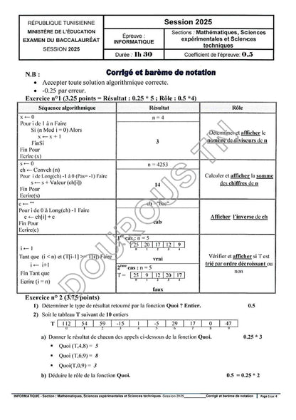 Informatique- Épreuves corrigées BAC sciences, Math et Techniques  (2009-2025)